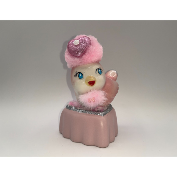 Vintage Pink Ceramic Bird Valentine Day Pink Heart Poofy Hat Fur Princess OOAK - Picture 5 of 16